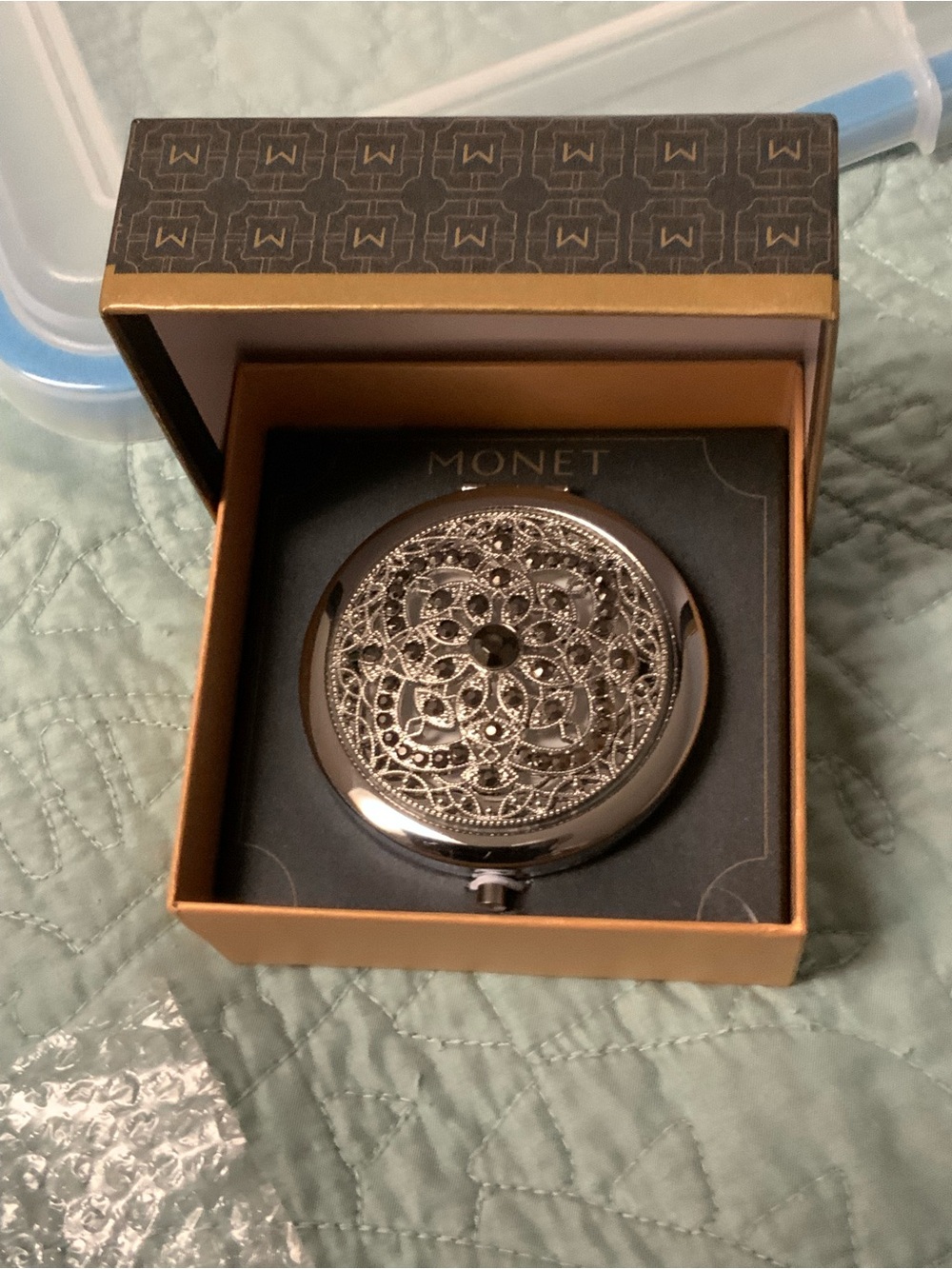Monet Silver Filigree Round Compact Mirror w/purple stones